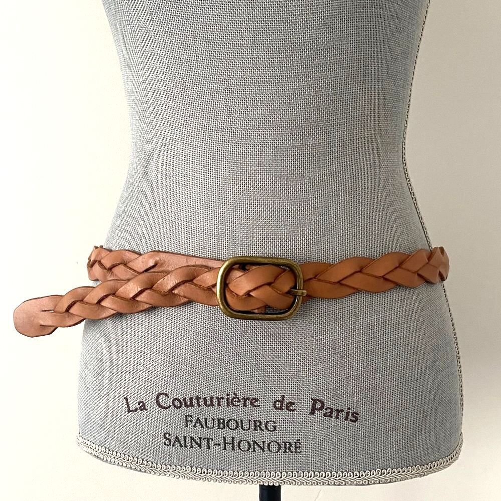 GAP Braided Tan Leather Belt Antique Brass Buckle OS Boho Western Cottage Beach